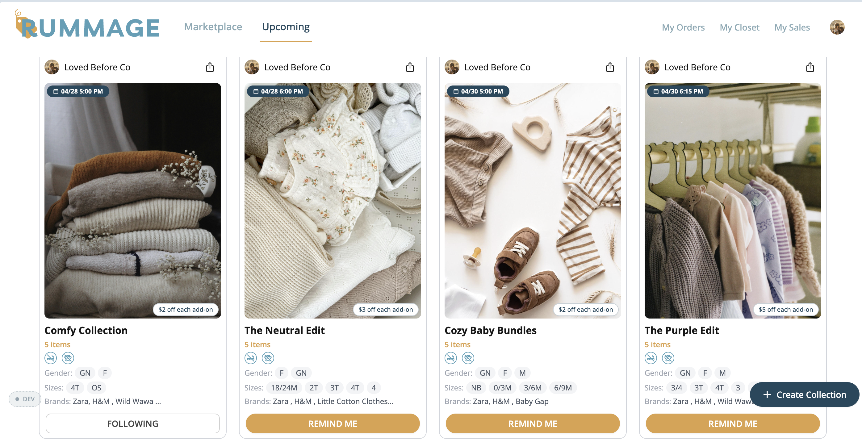 Rummage seller profile showing upcoming and marketplace collections